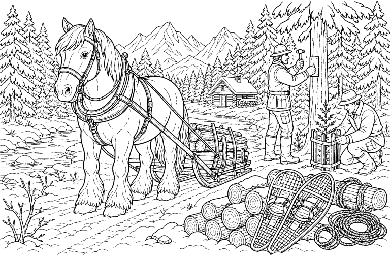 Pferd im Winterwald mit Försterteam – Ausmalbild ab 11 Jahre - Ausmalbild ab 11 Jahren