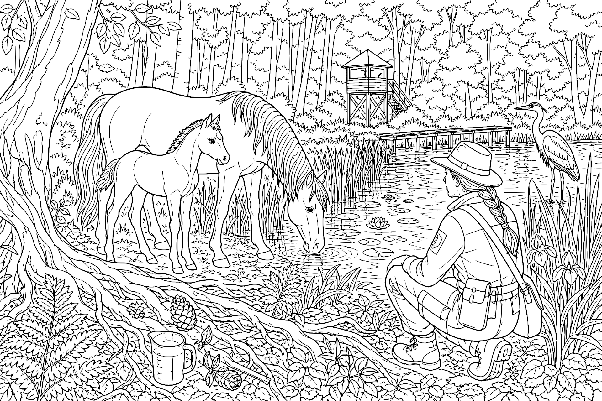 Pferd und Fohlen am Waldteich – Ausmalbild ab 11 Jahre - Ausmalbild ab 11 Jahren