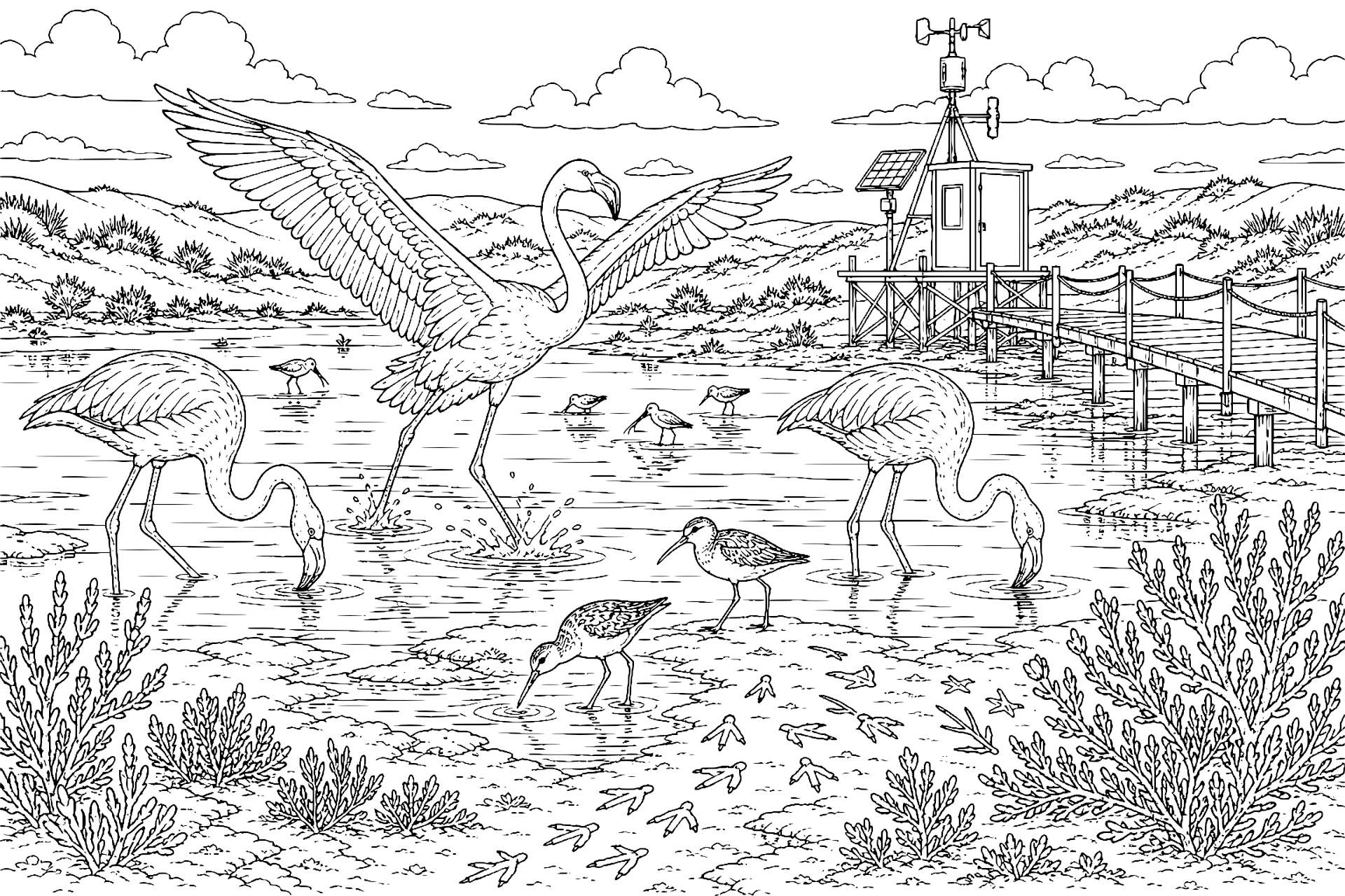 Vögel Ausmalbild ab 11 Jahre – Flamingos am Salzsee im Morgenwind - Ausmalbild ab 11 Jahren