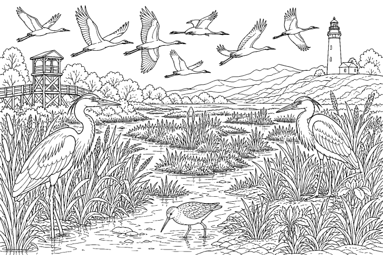 Vögel Ausmalbild ab 11 Jahre – Kranichzug über dem Schilfdelta - Ausmalbild ab 11 Jahren