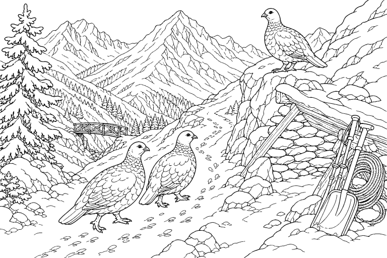 Vögel Ausmalbild ab 11 Jahre – Schneehühner am Passweg - Ausmalbild ab 11 Jahren