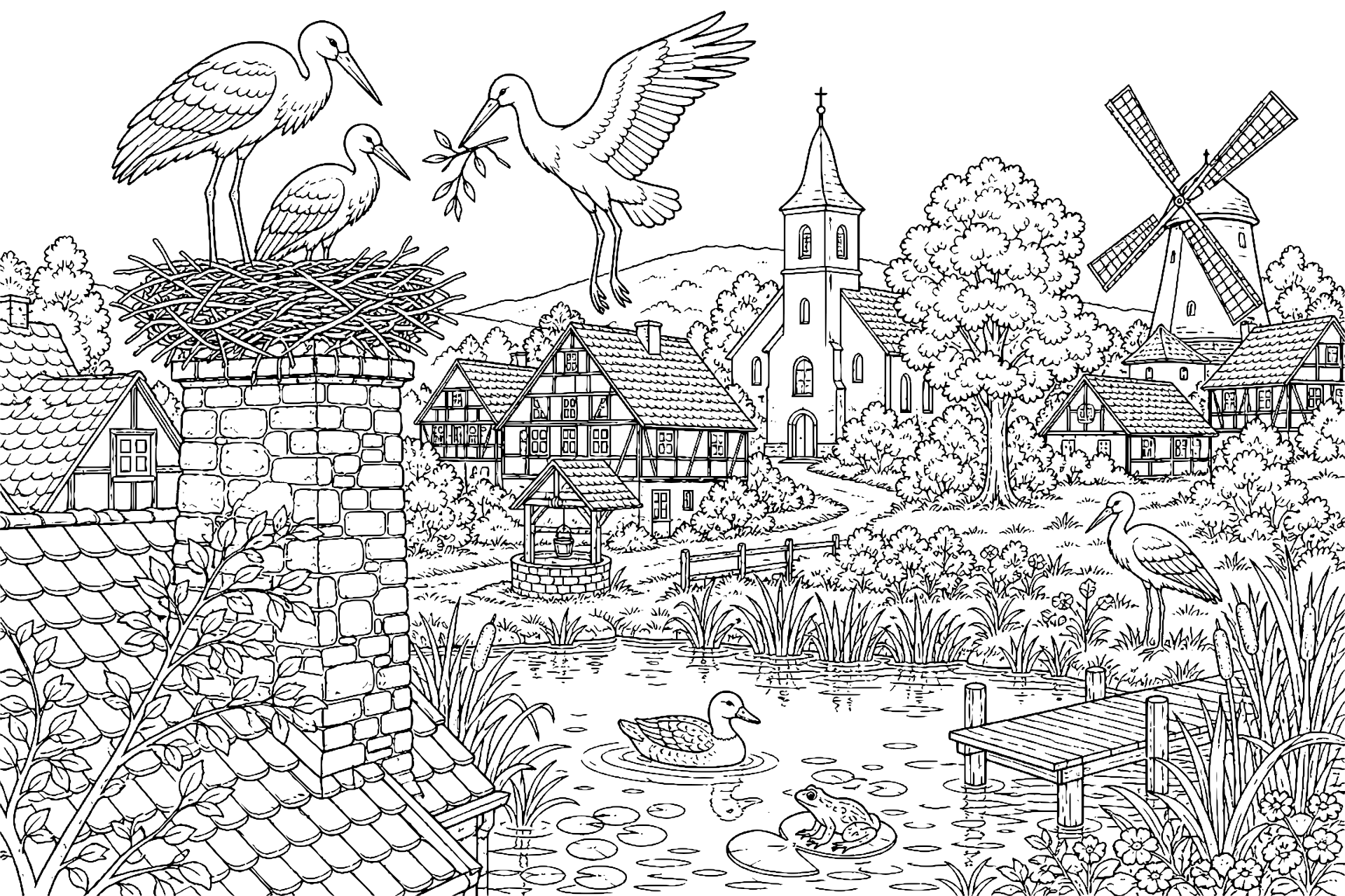 Vögel Ausmalbild ab 11 Jahre – Störche am Dorfteich - Ausmalbild ab 11 Jahren
