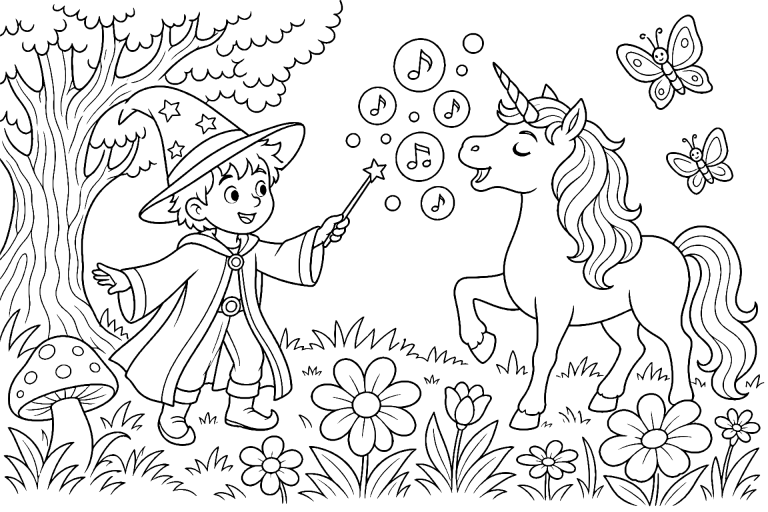 Der Zauberer und das singende Einhorn - Ausmalbild ab 6 Jahren