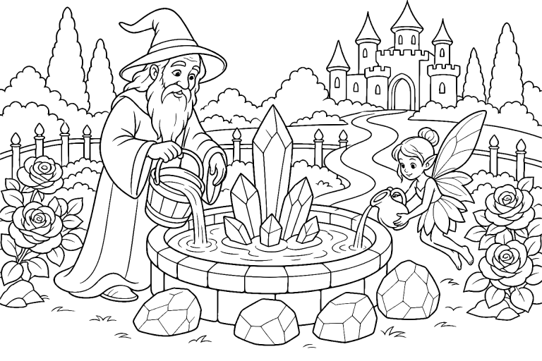 Der Zauberer und der Kristallbrunnen - Ausmalbild ab 6 Jahren