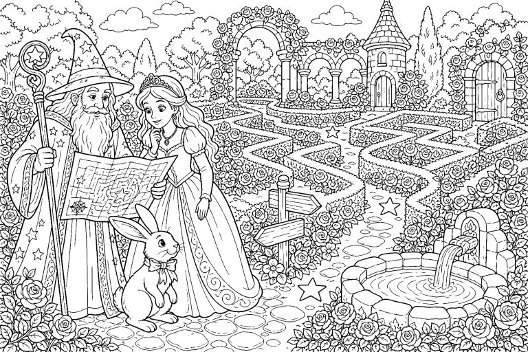 Der Zauberer im Labyrinth der Rosen - Ausmalbild ab 8 Jahren