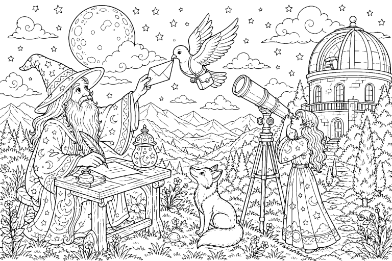 Der Zauberer und der Brief an den Mond - Ausmalbild ab 8 Jahren