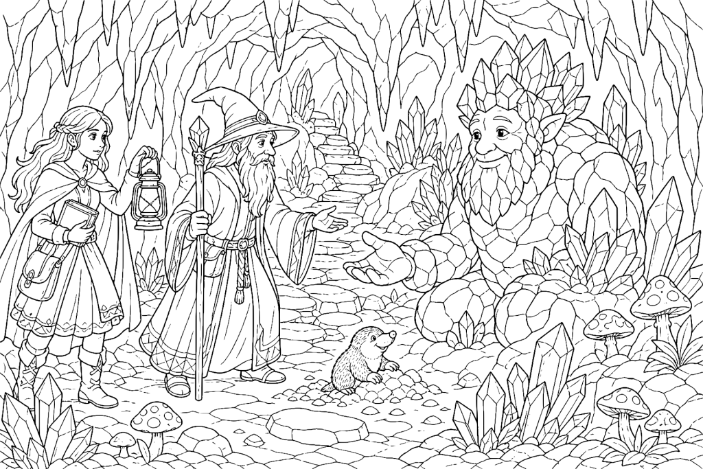 Der Zauberer und der Kristallhüter - Ausmalbild ab 8 Jahren