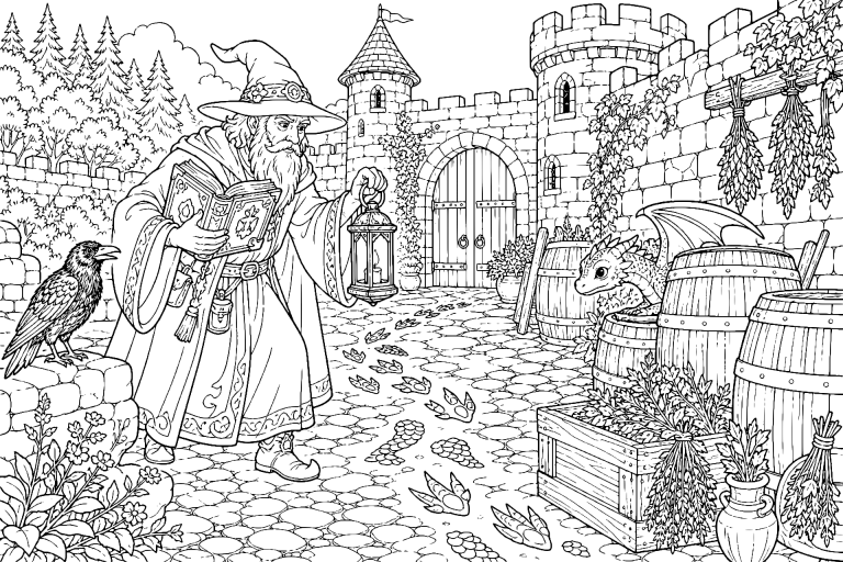 Der Zauberer und der verschwundene Drache - Ausmalbild ab 8 Jahren