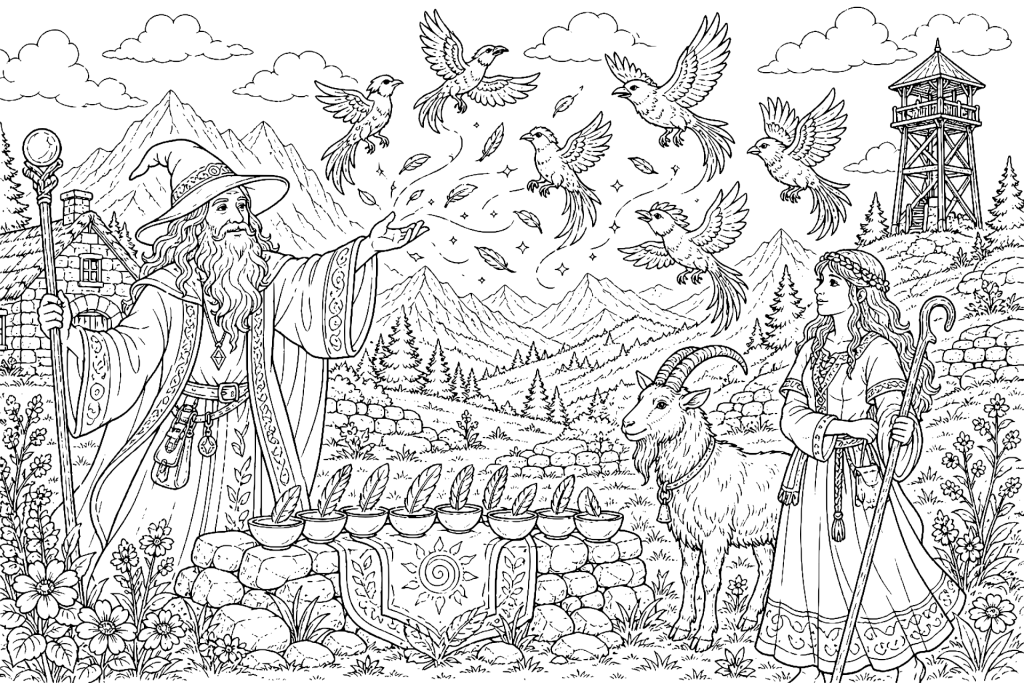 Der Zauberer und die sieben Schattenvögel - Ausmalbild ab 8 Jahren