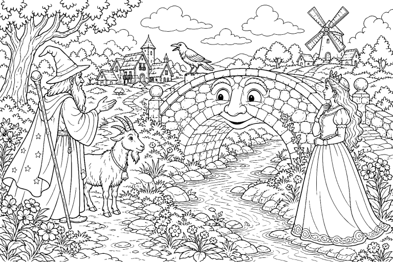 Der Zauberer und die sprechende Brücke - Ausmalbild ab 8 Jahren