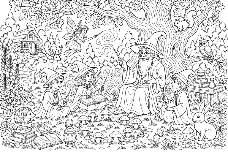 Die Zauberschule im verwunschenen Wald - Ausmalbild ab 8 Jahren