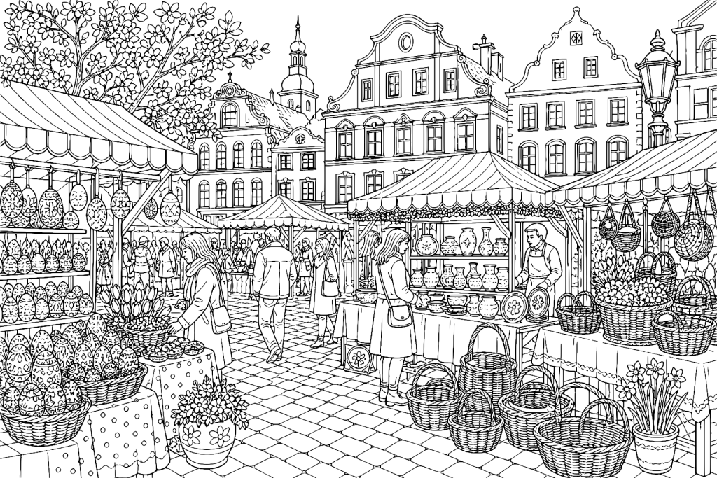 Frühlingsmarkt am Ostersonntag - Ausmalbild