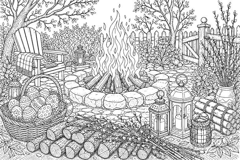 Osterfeuer im Abendgarten - Ausmalbild