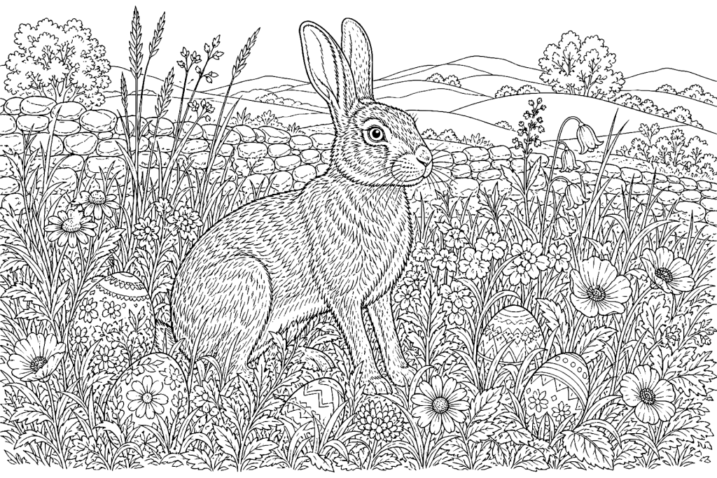 Osterhase zwischen Wildblumen - Ausmalbild