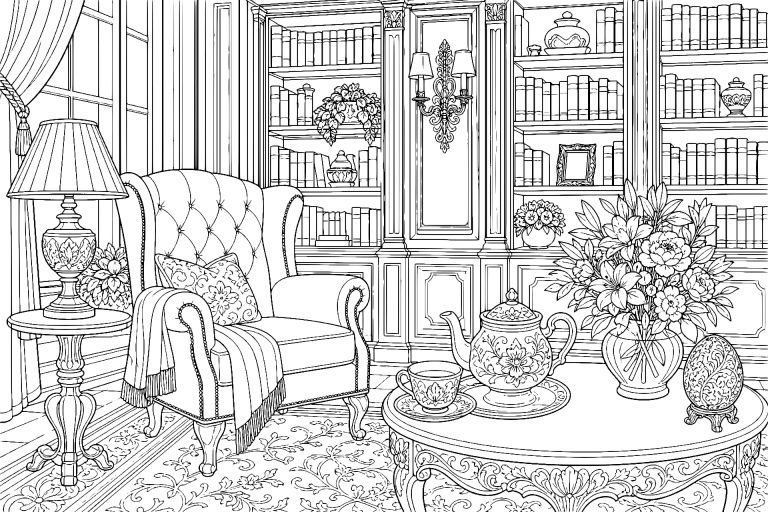 Osterliche Bibliothek mit Lesesessel - Ausmalbild