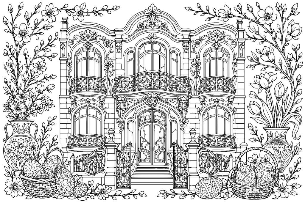 Osterliche Fassade im Jugendstil - Ausmalbild