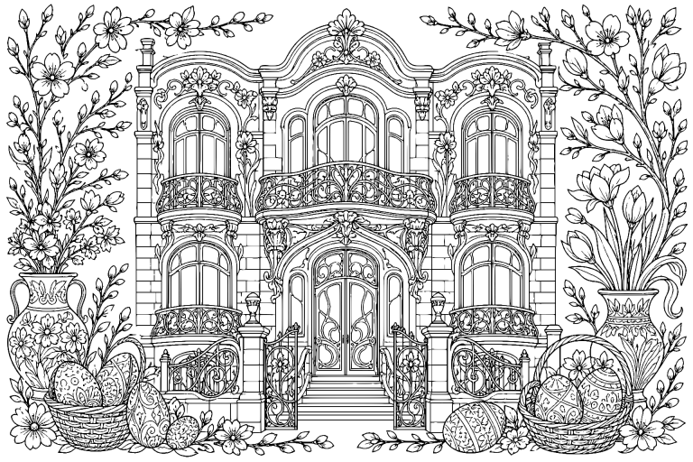 Osterliche Fassade im Jugendstil - Ausmalbild
