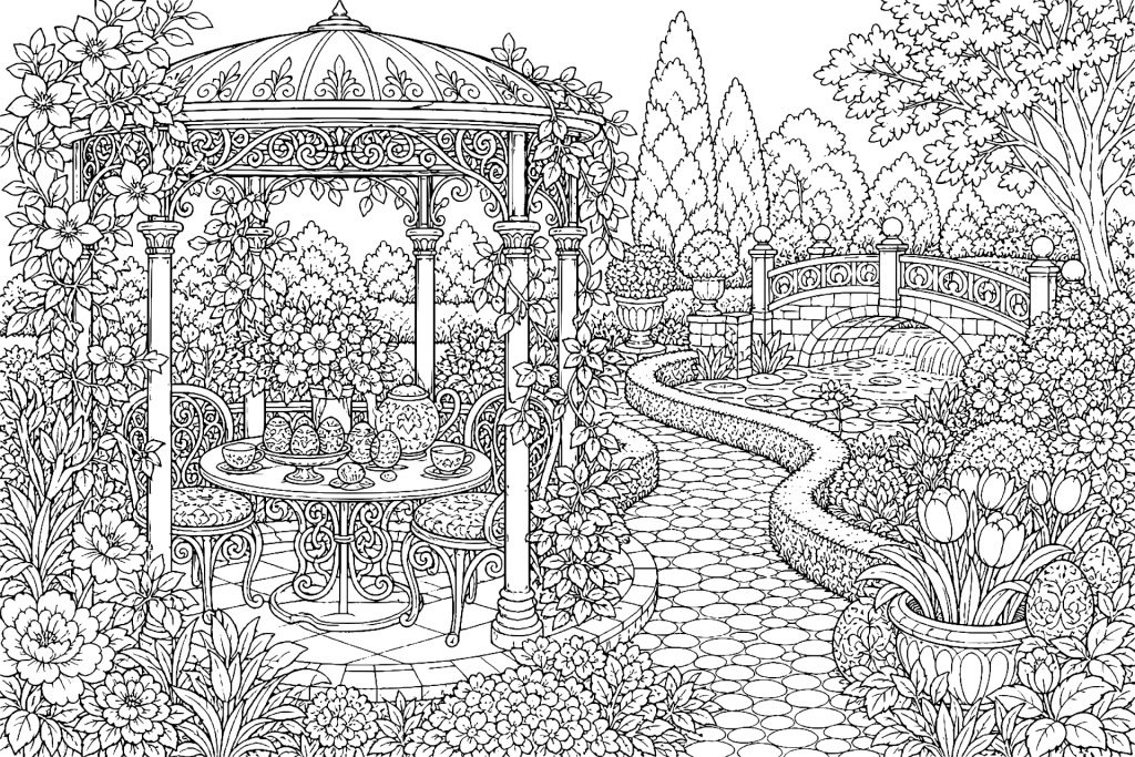 Osterliche Gartenpavillon-Szene - Ausmalbild