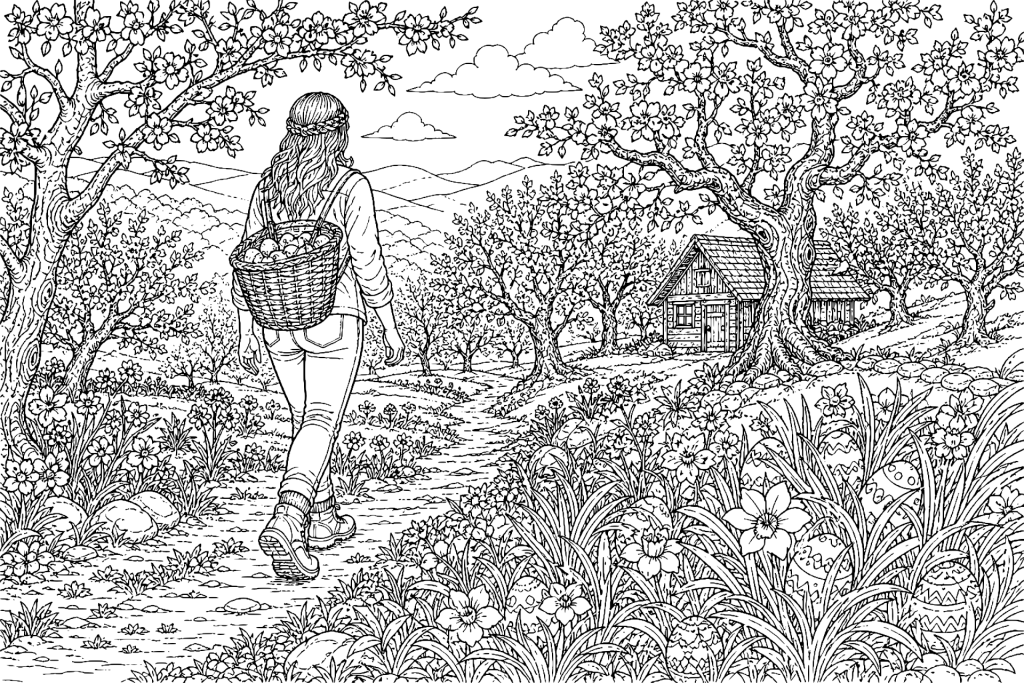 Osterwanderung durch den Obstgarten - Ausmalbild