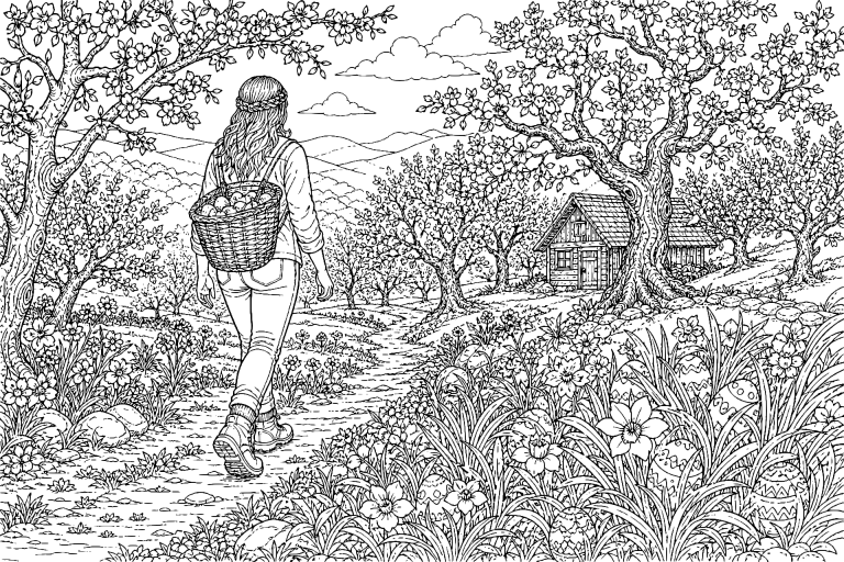 Osterwanderung durch den Obstgarten - Ausmalbild