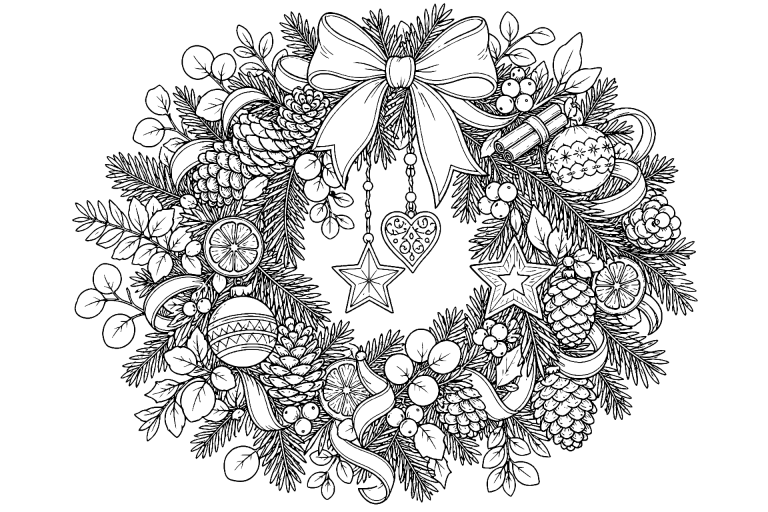 Eleganter Weihnachtskranz mit Naturmaterialien - Ausmalbild