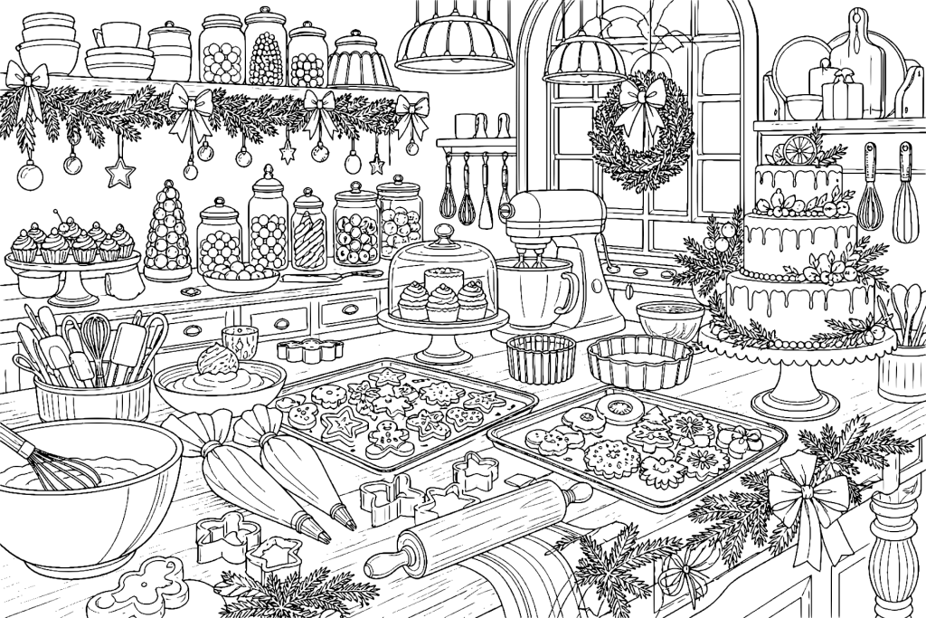 Festliche Weihnachtsbäckerei mit Gebäckarrangement - Ausmalbild