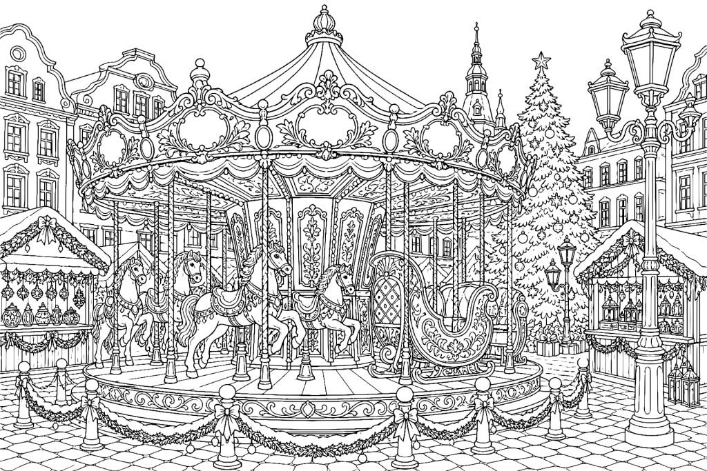 Historisches Weihnachtskarussell auf dem Stadtplatz - Ausmalbild