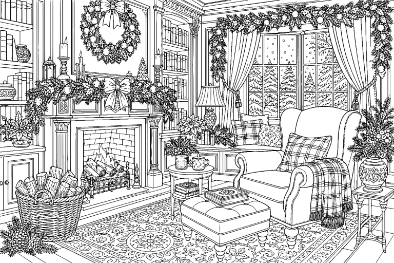 Weihnachtliche Bibliothek mit geschmücktem Kamin - Ausmalbild