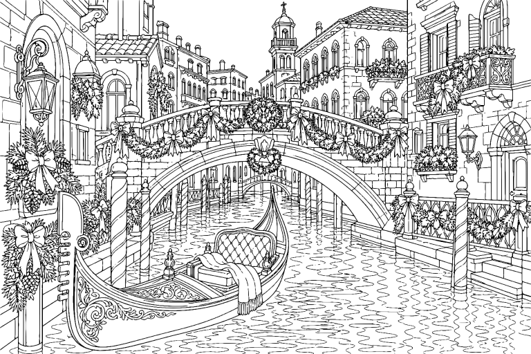Weihnachtliche Gondelfahrt durch eine verschneite Altstadt - Ausmalbild
