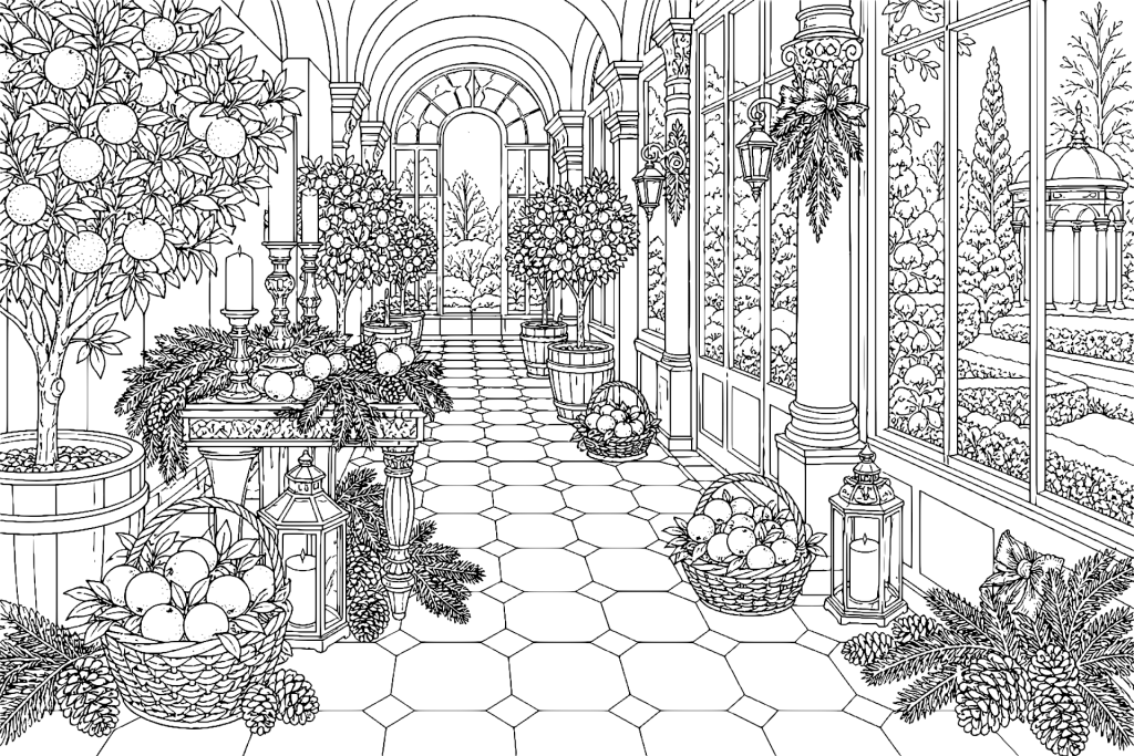 Weihnachtliche Orangerie mit Zitrusfrüchten - Ausmalbild
