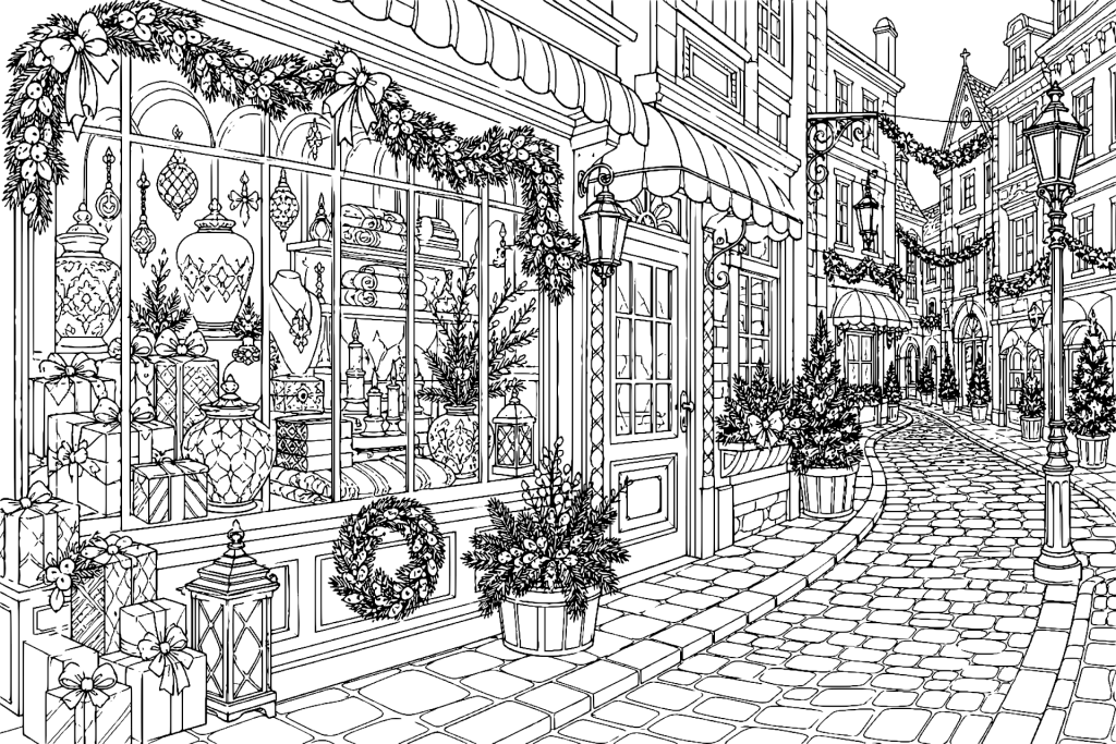 Weihnachtliche Schaufensterdekoration in historischer Straße - Ausmalbild