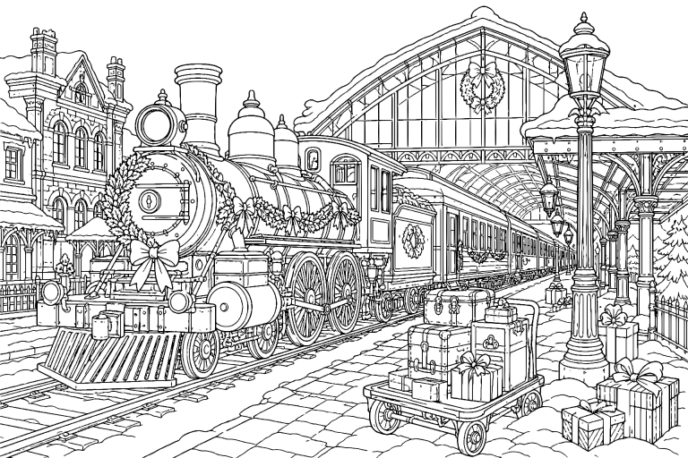 Weihnachtlicher Bahnhof mit historischem Zug - Ausmalbild