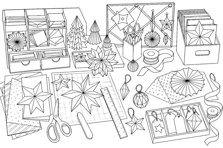 Weihnachtlicher Papierkunst-Tisch mit Faltsternen - Ausmalbild