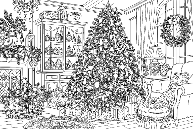 Weihnachtsbaumzimmer mit Ornamentgalerie - Ausmalbild