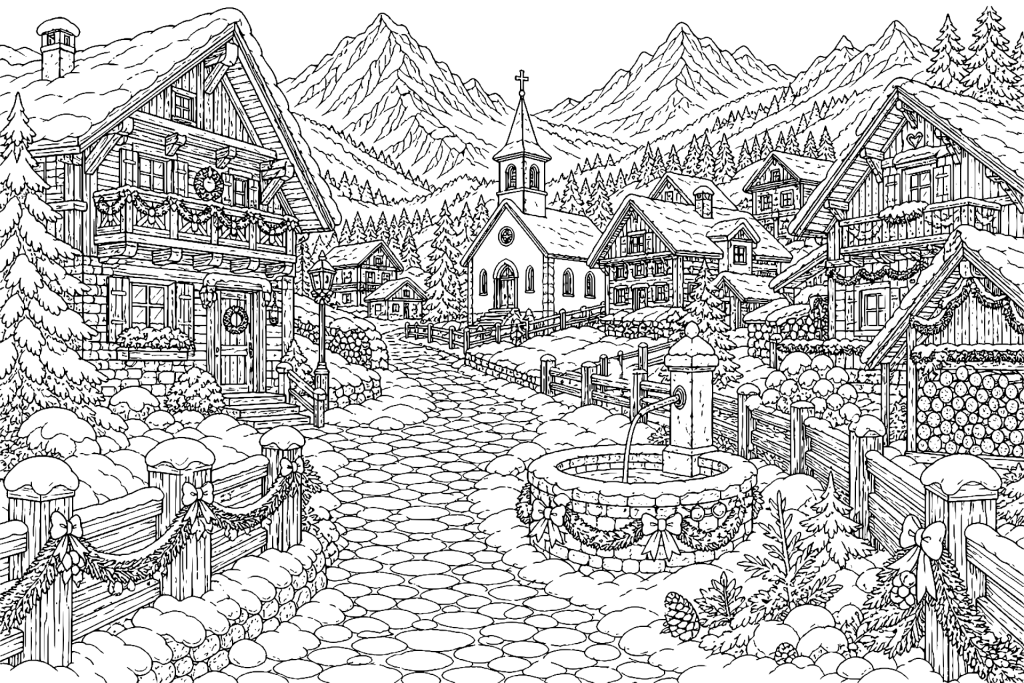 Weihnachtsdorf in einer verschneiten Berglandschaft - Ausmalbild