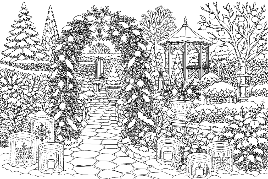 Weihnachtsgarten mit Eislaternen und Tannentor - Ausmalbild