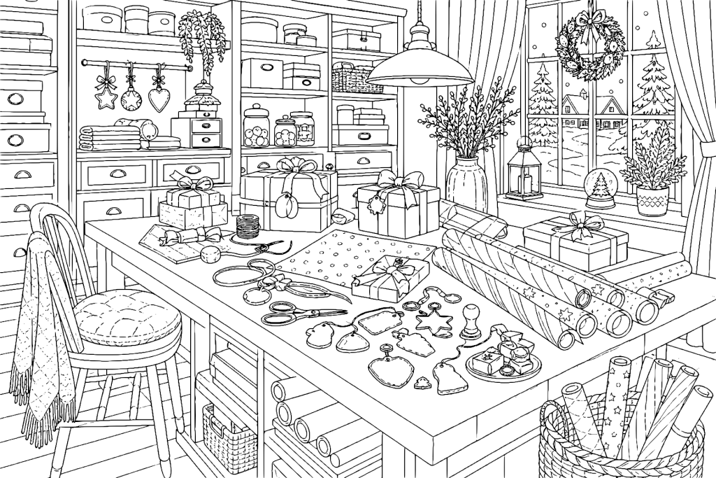 Weihnachtsliches Arbeitszimmer mit Geschenkpapier - Ausmalbild