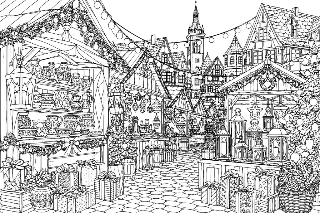 Winterlicher Weihnachtsmarkt bei Dämmerung - Ausmalbild
