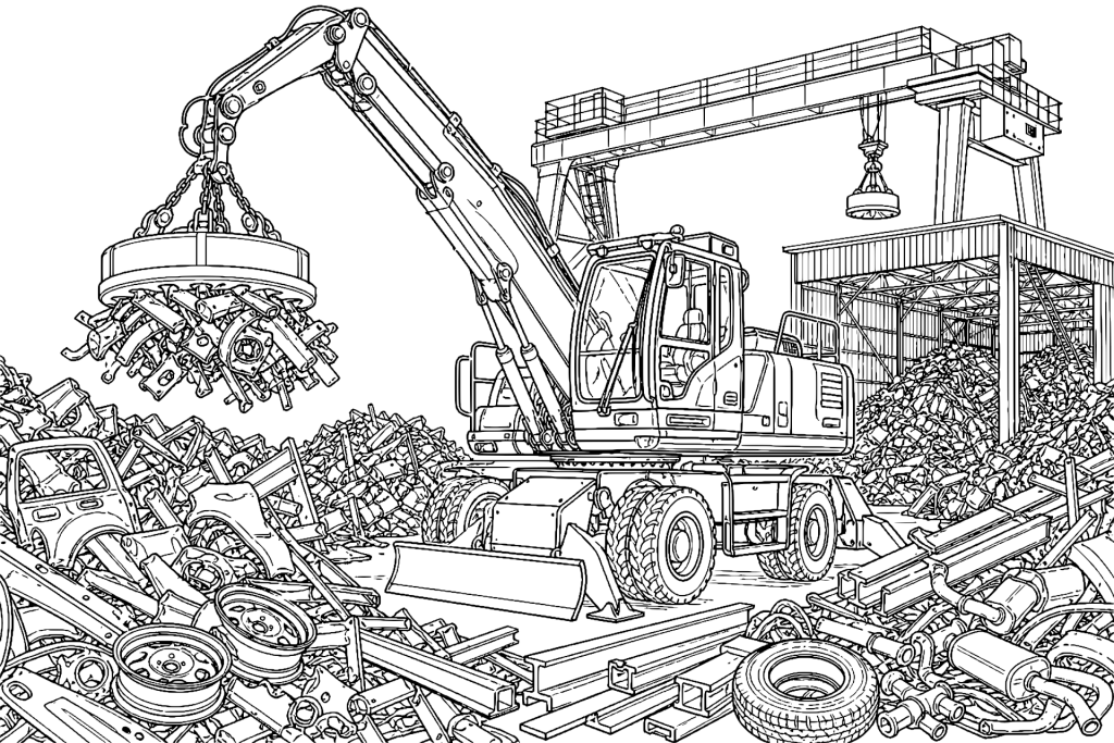 Bagger auf dem Schrottplatz - Ausmalbild