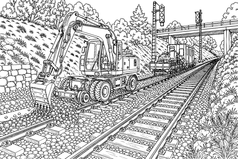Bagger auf der Eisenbahntrasse - Ausmalbild