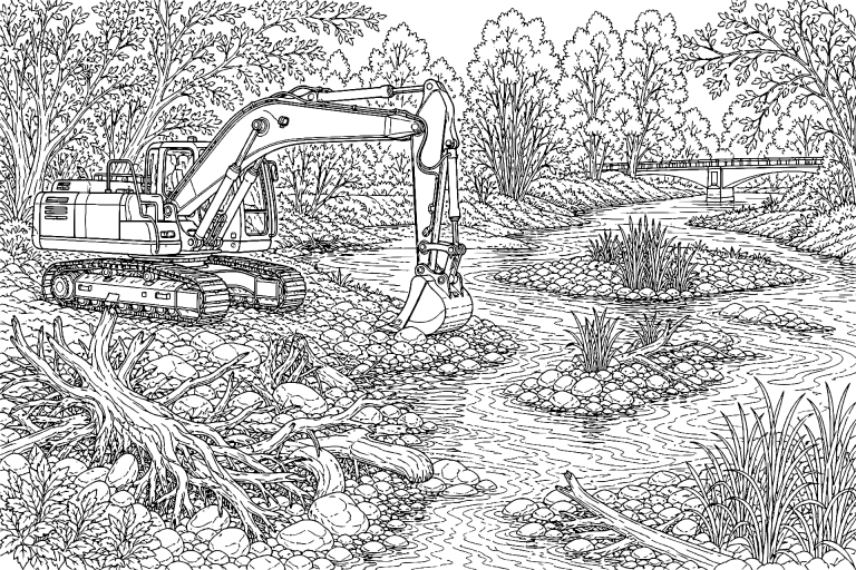 Bagger bei der Flussrenaturierung - Ausmalbild