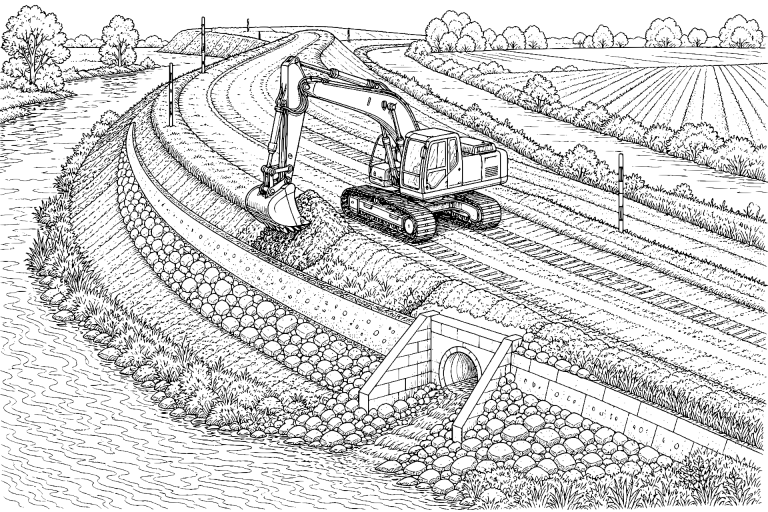 Bagger beim Deichbau - Ausmalbild