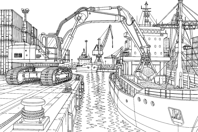 Bagger im nächtlichen Hafen - Ausmalbild
