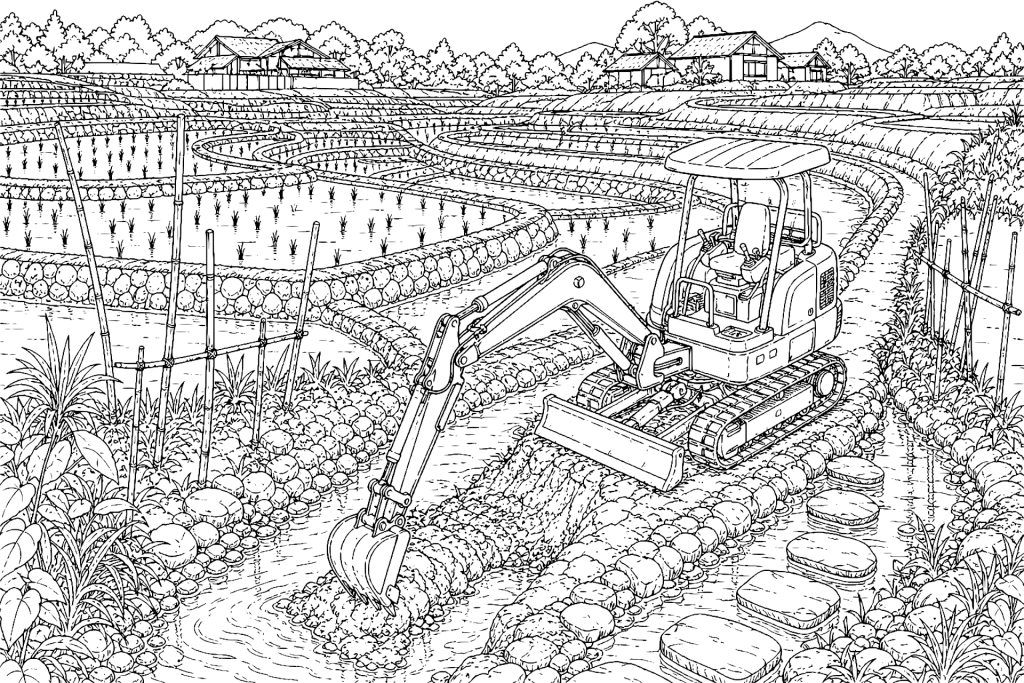 Bagger im Reisfeldbau - Ausmalbild