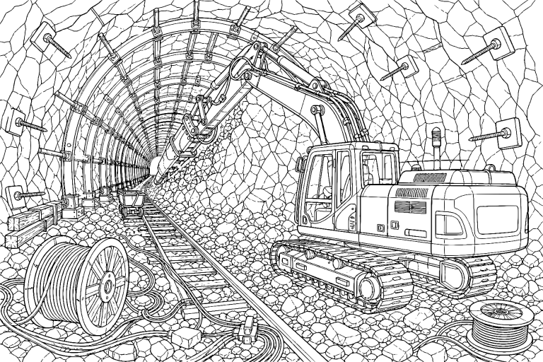 Bagger im Tunnelbau - Ausmalbild