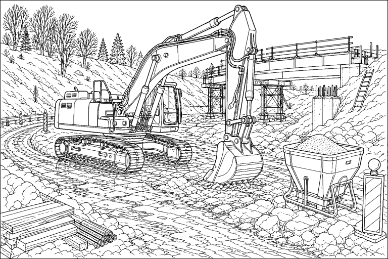 Bagger im Wintereinsatz - Ausmalbild