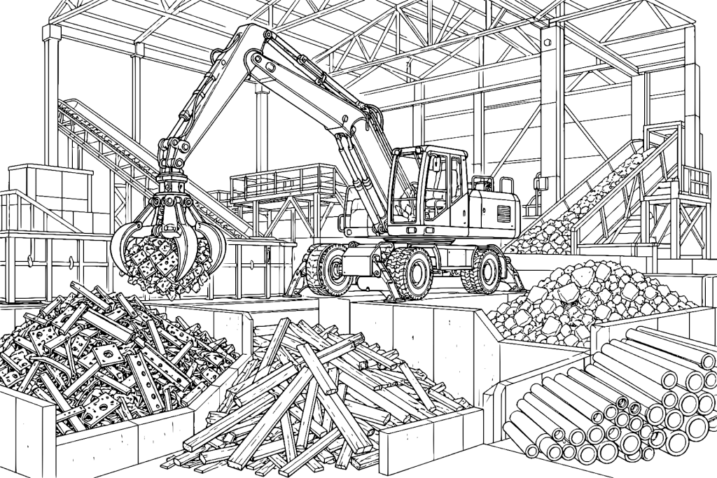 Bagger mit Sortiergreifer im Recyclinghof - Ausmalbild