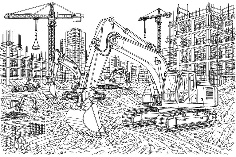 Baggerflotte auf der Großbaustelle - Ausmalbild