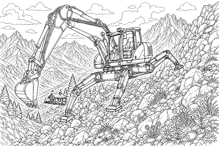 Schreitbagger im alpinen Gelände - Ausmalbild