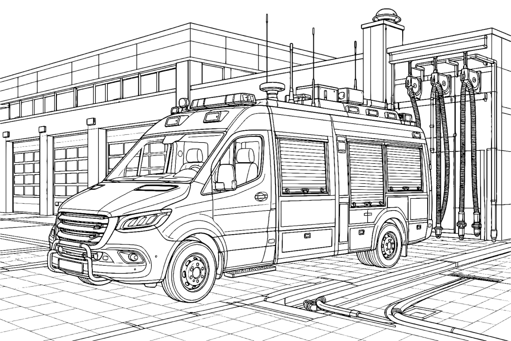 Einsatzleitwagen vor der Feuerwache - Ausmalbild